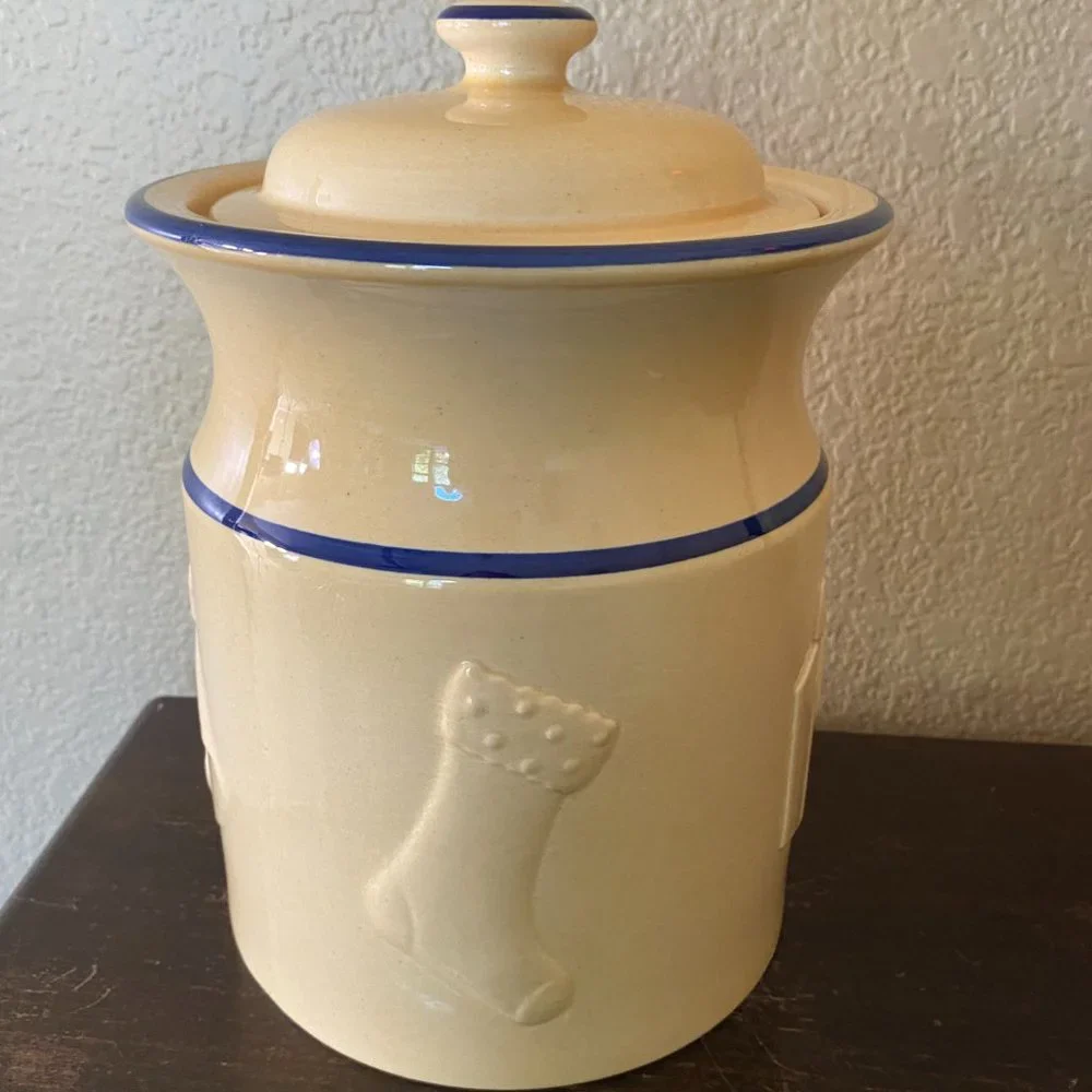Vtg Williams Sonoma Embossed Stoneware Canister Christmas Cookie Jar England